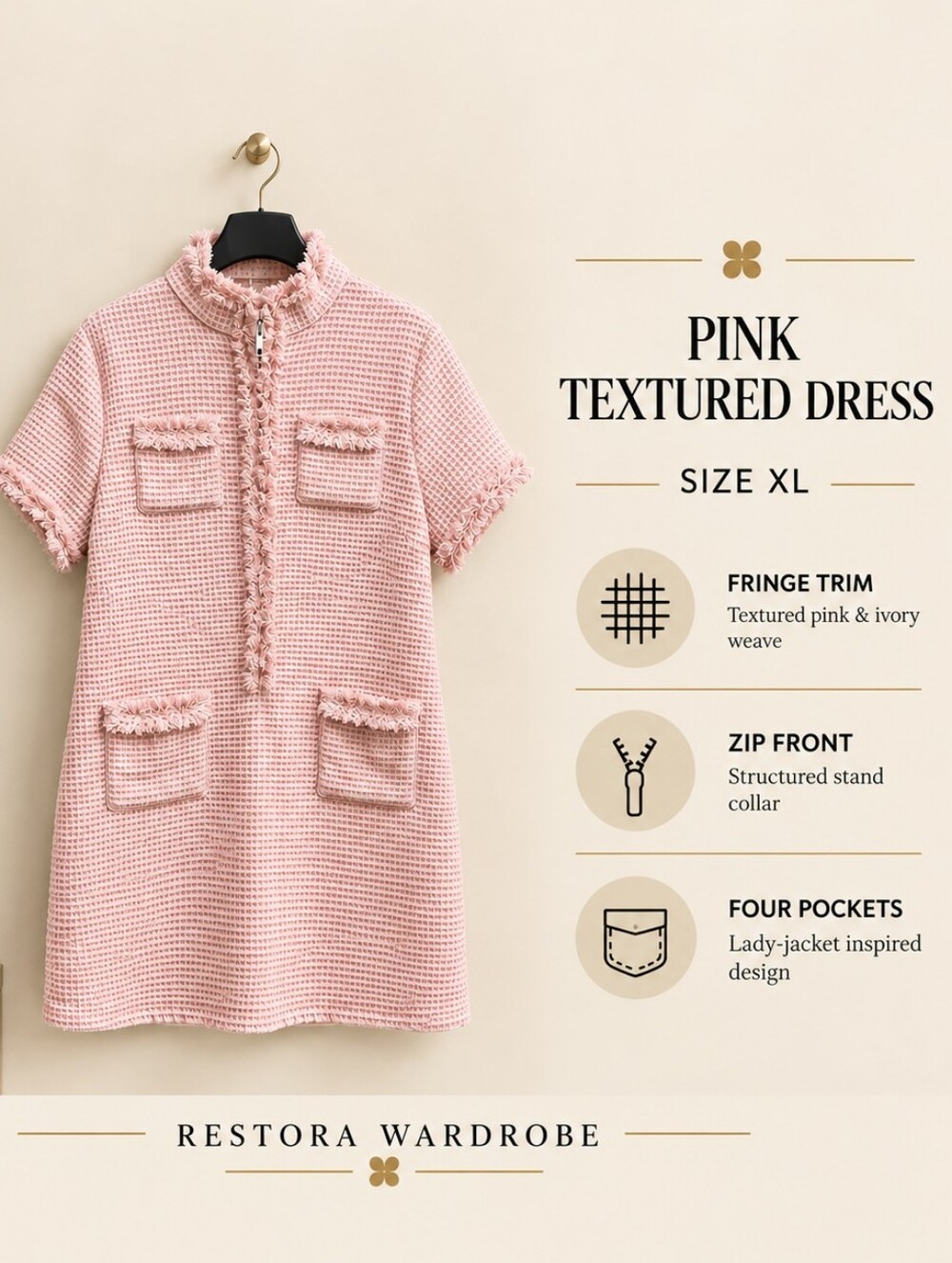Pink Textured Tweed Shift Dress Fringe Trim Zip Front Size XL Lady Jacket